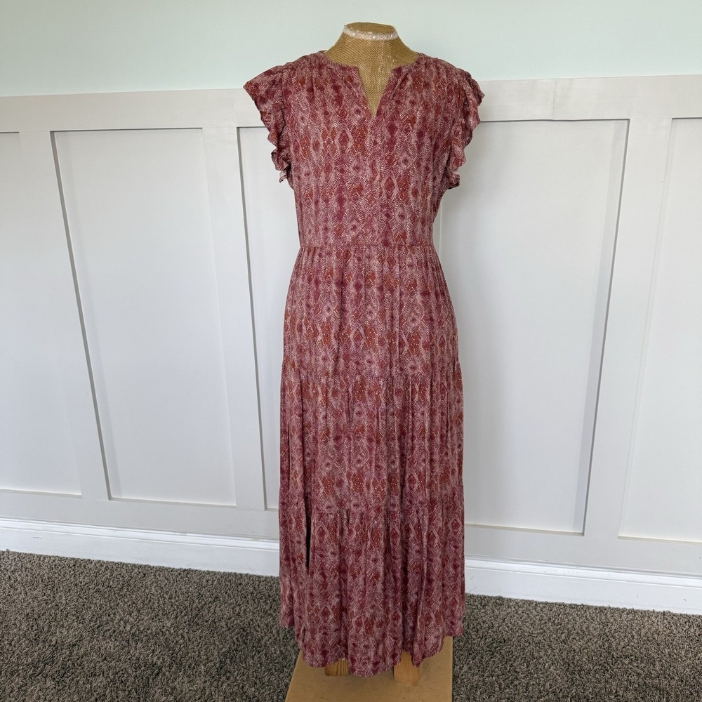 Sweet Magnolia Tiered Maxi Dress MEDIUM Red Short Sleeve Boho Peasant Southwest